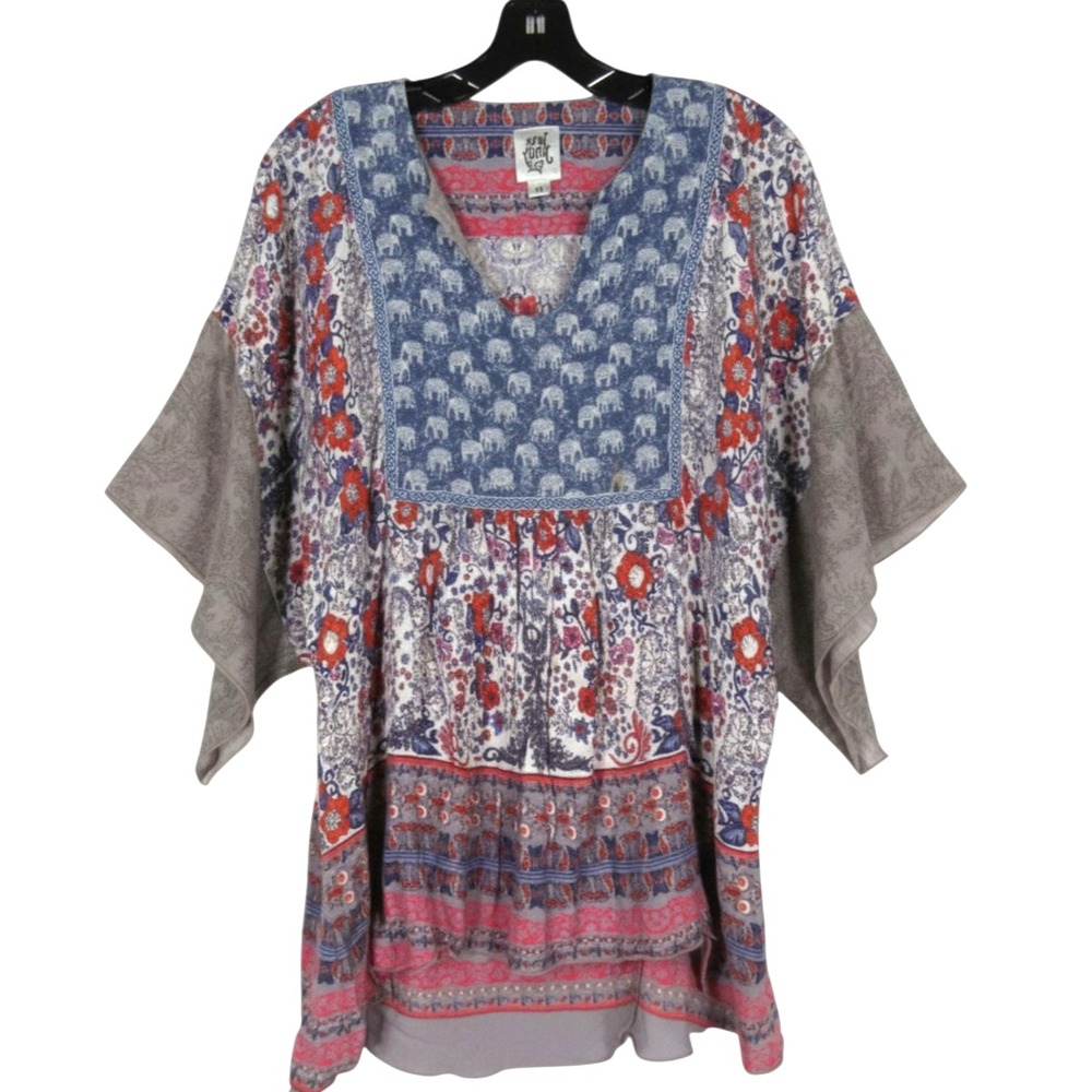 IVY JANE Multicolor ELEPHANT/FLORAL COLORBLOCK Boho Peasant BLOUSE/TOP Sz M